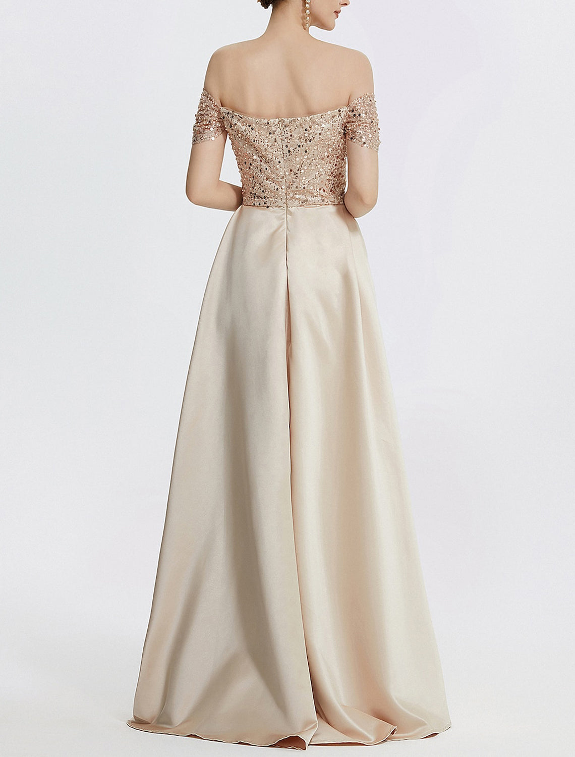 Sheath Column Evening Gown Elegant Dress Formal Floor Length Short Sleeve Off Shoulder Sequined with Glitter Pleats Slit